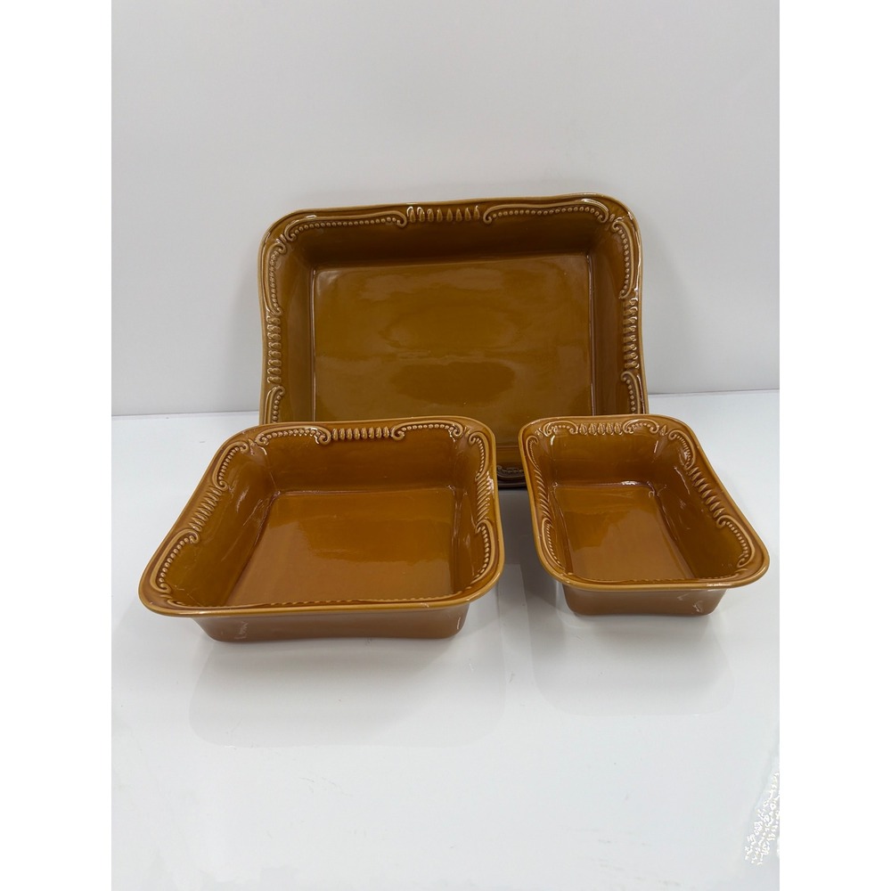 Worldwide Home Products Ceramic Bakeware Set‎ 3pc Brown Beaded Scroll Stoneware